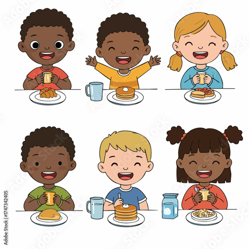 Cute Cartoon Illustration of Children Eating Pancakes Together with Joyful Smiles
