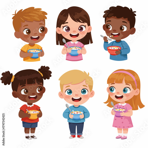 Cute Cartoon Diverse Children Enjoying Cereal Bowl Happy Healthy Meal