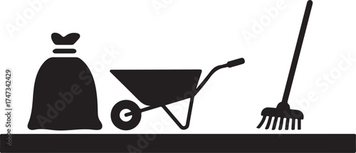 Yard Work Essentials Depicted in a Minimalist Style Including a Bag a Wheelbarrow and a Broom Isolated on White