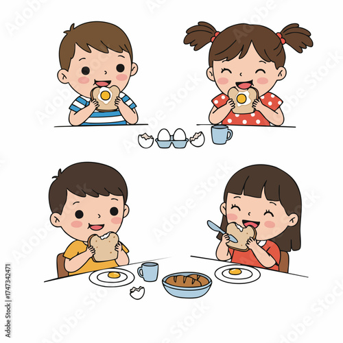 Cartoon Style Cheerful Children Eating Breakfast Illustration with Table and Food