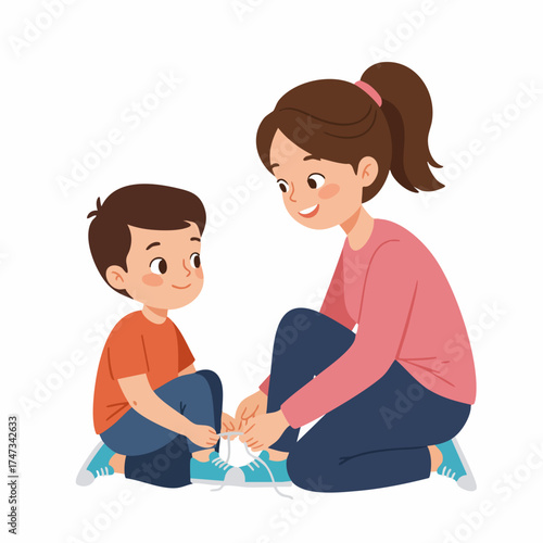 Flat Illustration of Loving Mother Tying Shoelaces for Her Son