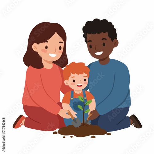 Cute Cartoon Style Family Planting Sapling Together Gardening Activity Illustration