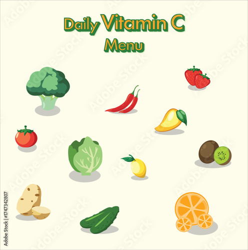 Daily Vitamin C Menu — Fresh Fruits and Vegetables Vector Illustration