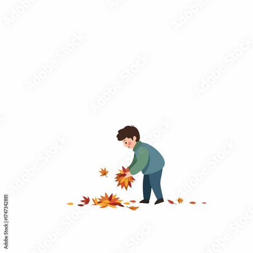 Cute Flat Illustration of a Boy Playing with Fall Leaves Outdoor