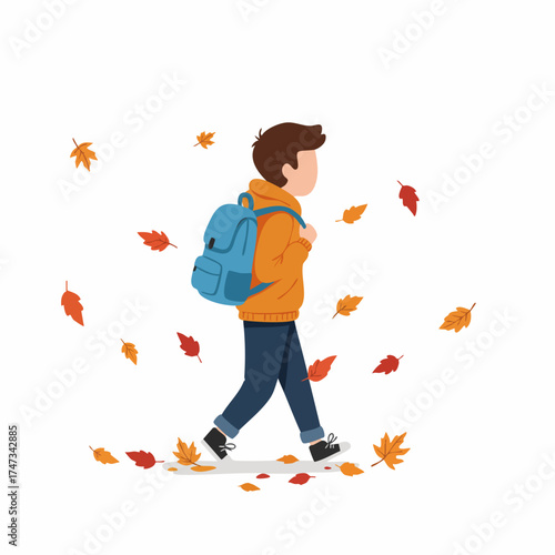 Flat Illustration of a Schoolboy Walking in Autumn with Backpack
