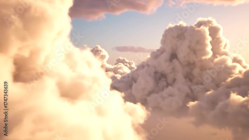 Immersive aerial journey flying through ethereal golden clouds at sunset