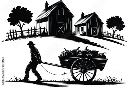 Black and White Silhouette of Farmer Pulling Pumpkin Cart near Barns and Trees – Autumn Harvest Rural Farm Scene Vector Art