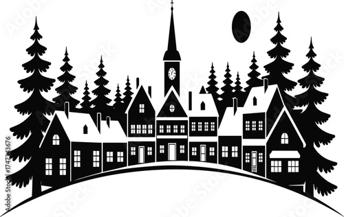 Black and White Silhouette of Peaceful Village with Church, Pine Trees, Moon, and Hills – Winter Holiday Scenic Vector Art
