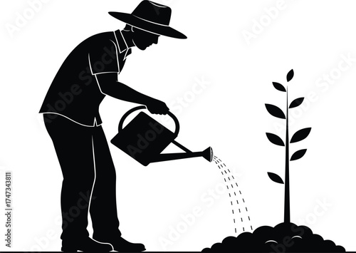 Black and white silhouette of person watering plant with can — perfect for gardening, growth, sustainability, and nature care themes