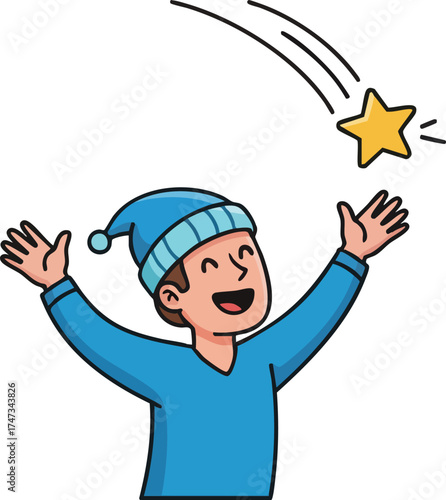 Happy boy in blue hat reaching for a falling star at night.