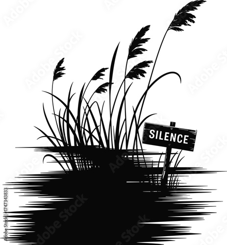 Black and White Silhouette of Tall Grass with SILENCE Sign – Minimalist Nature Scene Symbolizing Quiet, Solitude, and Peaceful Mood