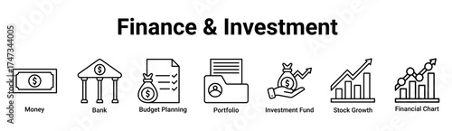 Finance & Investment icon banner, sheet and collection