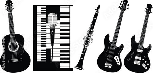 Black and white vector illustration collection featuring musical instruments including guitar, keyboard, microphone, clarinet, bass guitar and electric guitar design