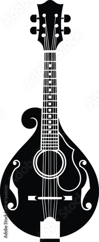 Black and white vector illustration of elegant mandolin musical instrument with detailed strings and curves for folk and classical music design