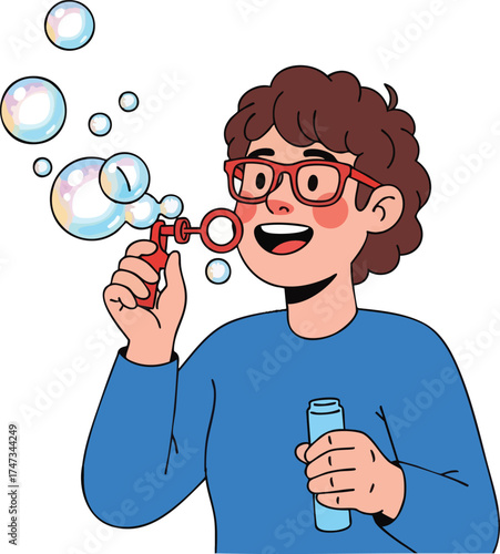 Person blowing bubbles with wand and holding bubble solution.