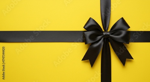 Elegant black bow on a vibrant yellow background creates a striking gift wrap aesthetic.
