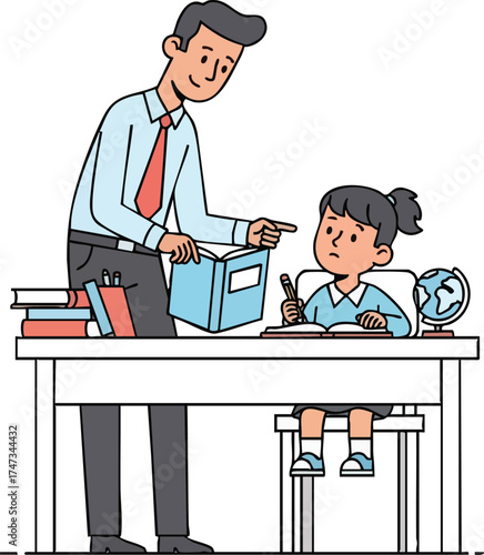 Teacher helping young student with schoolwork at desk.