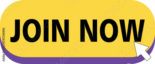 Join Now yellow web button with mouse cursor clicking for online registration.