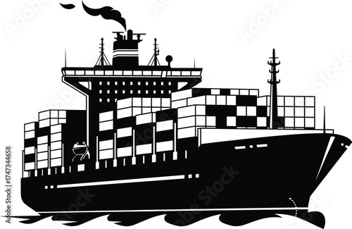Black silhouette cargo container ship vector illustration with stacked shipping containers, ocean freight transport, maritime logistics, import export, global trade