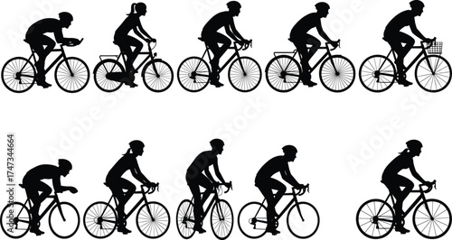 Black silhouette bicycle riders vector illustration showing men and women cycling, road bikes, exercise, fitness, transportation, outdoor sport activity design