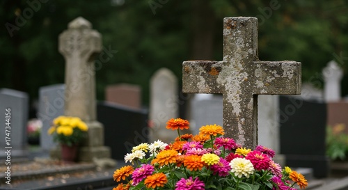 Stone cross adorned with vibrant flowers stands in a serene cemetery landscape, symbolizing remembrance