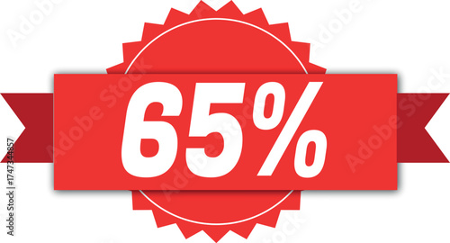 Red ribbon banner with 65 percent discount offer.
