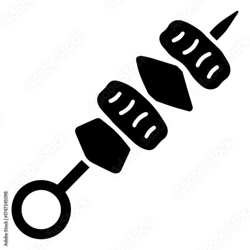 Kebab skewer icon — vertical or horizontal stick with grilled meat and vegetables, simple silhouette for food or BBQ themes
