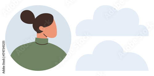 Side profile of a woman in a green sweater with hair tied in a bun beside two floating clouds. Ideal for self-reflection, mindfulness, weather, calm, serenity, balance, minimal design. Simple flat