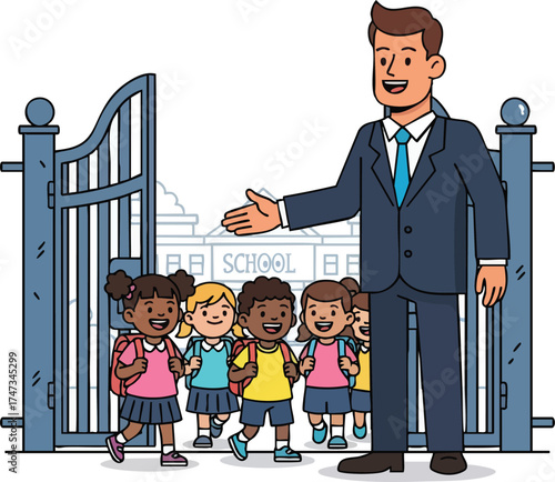 Teacher Welcoming Diverse Group of Young Students to School.
