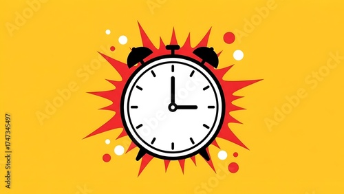 Alarm Clock Bursting with Energy on a Vibrant Yellow Background