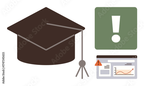 Graduation cap, performance chart with warning alert icon, and exclamation mark signify academic achievement, monitoring progress, and addressing challenges. Ideal for education, goal-setting, risk