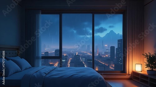 animated virtual backgrounds, stream overlay loop, interior, cozy futuristic living room at sunset, vtuber asset twitch zoom OBS screen, chill anime lo-fi hip hop