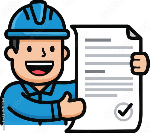 Smiling construction worker holding an approved contract document.