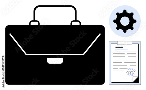 Black briefcase, signed document on clipboard, and gear icon representing business, legal agreements, career, workflow, management, growth. Ideal for entrepreneurship professionalism leadership