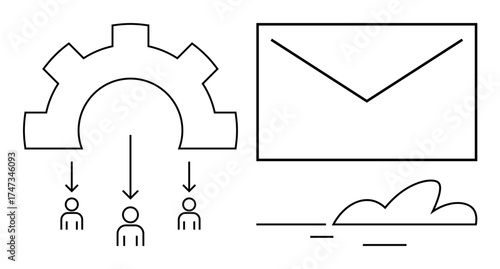 Gear symbolizes process automation directing to users, large envelope represents email communication, cloud shows digital storage. Ideal for teamwork, networking, technology, messaging, cloud