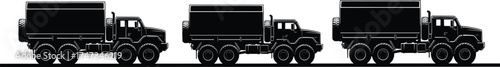 Black silhouette vector illustration of heavy military trucks with cargo containers, transport vehicles for logistics, supply chain, shipping, delivery design