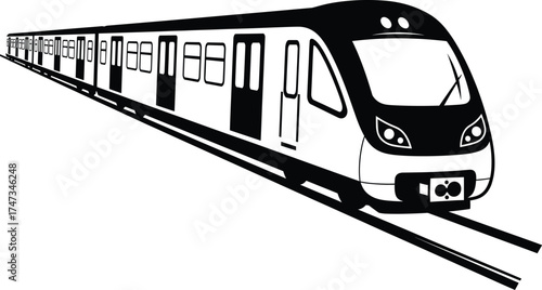 Black silhouette vector illustration of modern metro train on railway tracks, urban subway transportation design for city travel and passenger commuting
