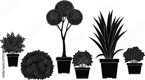 Black silhouette vector of seven potted plants with diverse shapes — perfect for gardening, decor, landscaping, nature, and botanical themes