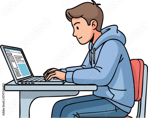 Young man in a blue hoodie working on his laptop at a desk.