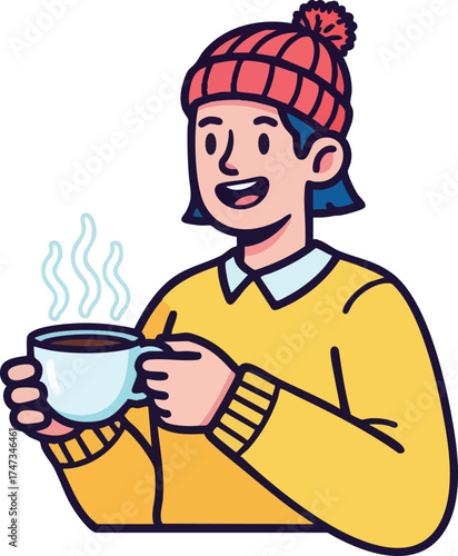 Person in warm clothes enjoying a hot beverage on a cold day.