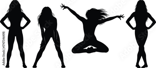 Black Silhouette Woman Poses Set – Standing, Leaning, Jumping – Dynamic Female Body Movement Vector for Dance, Fitness, Performance Themes