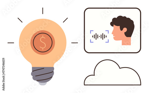 Light bulb with dollar coin, voice recognition interface, and cloud element highlight creativity and profit. Ideal for technology, finance, AI, innovation, business, communication growth simple