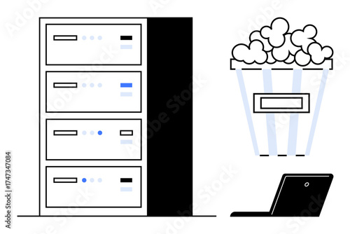 Server rack, laptop, and popcorn evoke data storage and online streaming. Ideal for entertainment, cloud computing, servers, internet speed, digital media, remote work simple flat metaphor