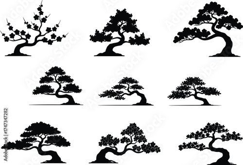 Bonsai tree silhouette vector set featuring artistic pruning styles, decorative black shapes, nature icons, botanical design elements, Japanese inspiration