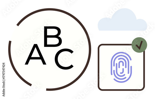 Letters ABC inside a partial circle, fingerprint in square with checkmark, and cloud outline. Ideal for security, encryption, identity, access, cloud storage, technology simple flat metaphor