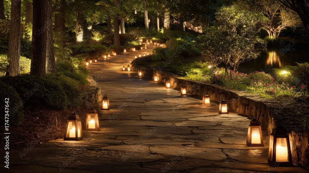 Obraz premium Pathway illuminated by lanterns at night in a beautiful garden