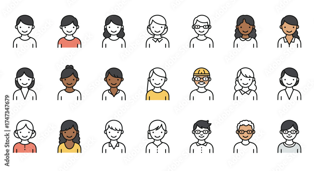 Fototapeta premium Diverse and inclusive avatars collection, representing various people in a vector format