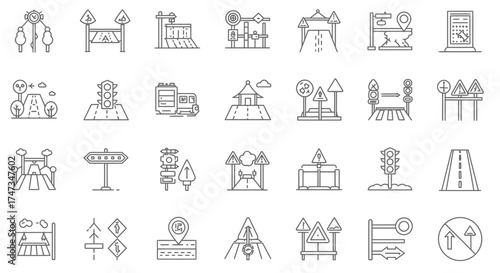 Collection of Isolated Thin Line Road Signs and Street Objects Vector Illustrations