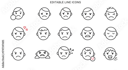 Collection of editable line icons depicting negative emotions and facial expressions
