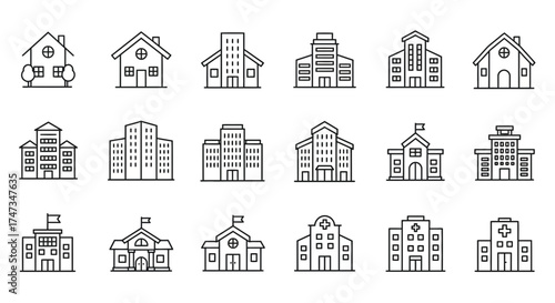 Collection of Line Art Building Icons Representing Various Structures and Institutions